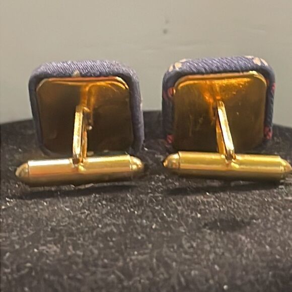 1” gold tone cuff links w/blue Damask fabric red white Fleur de Lis bullet back - Picture 8 of 11